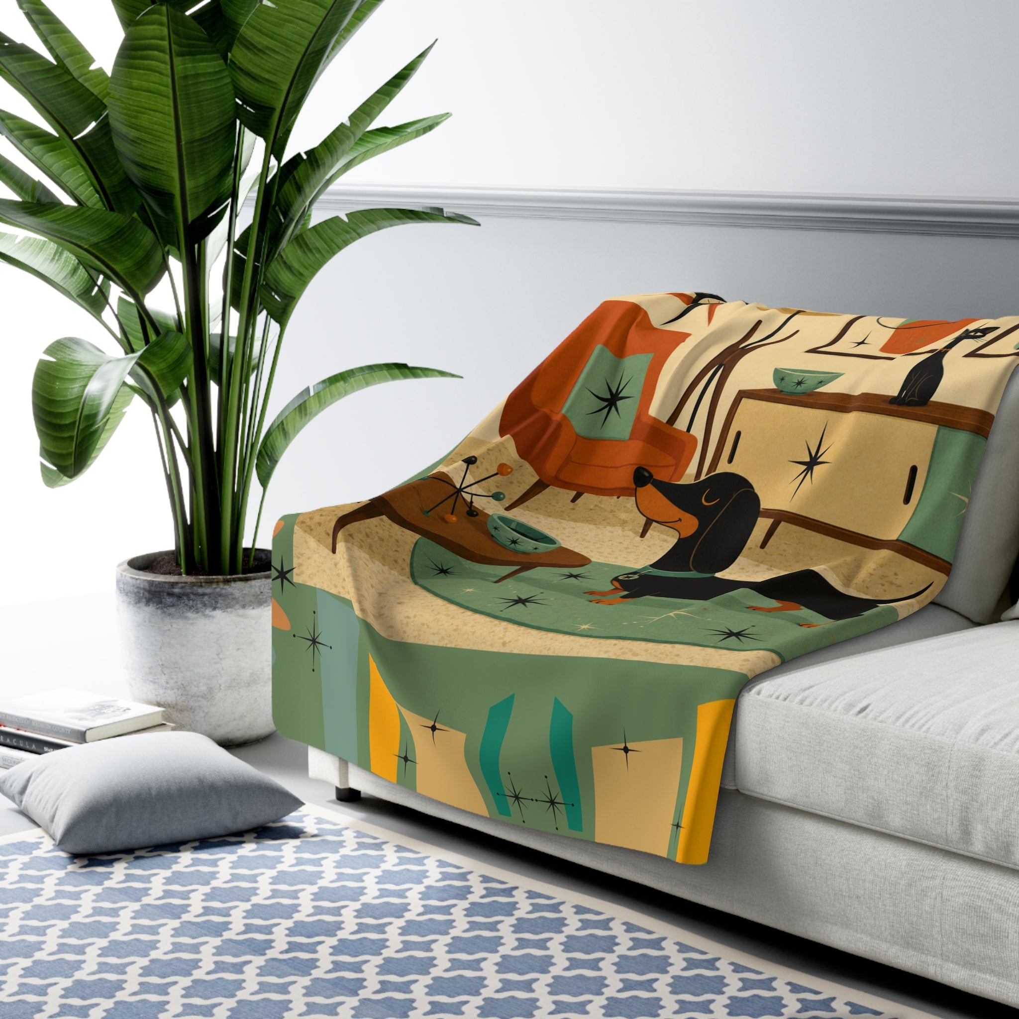 Mid Century Dachshund Living Room Sherpa Fleece Blanket | Retro Atomic Home