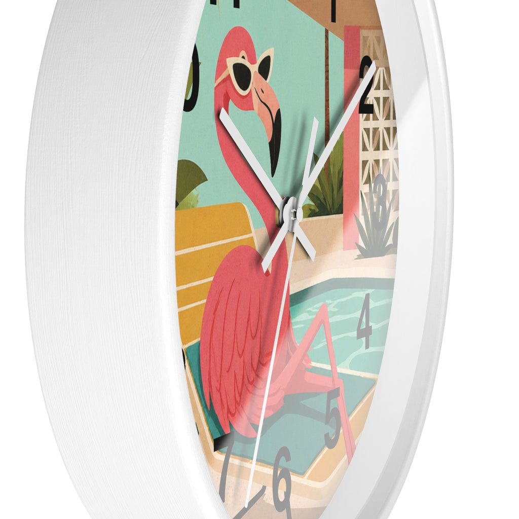 Retro Flamingo Poolside Wall Clock | Mid Century Tropical Illustration
