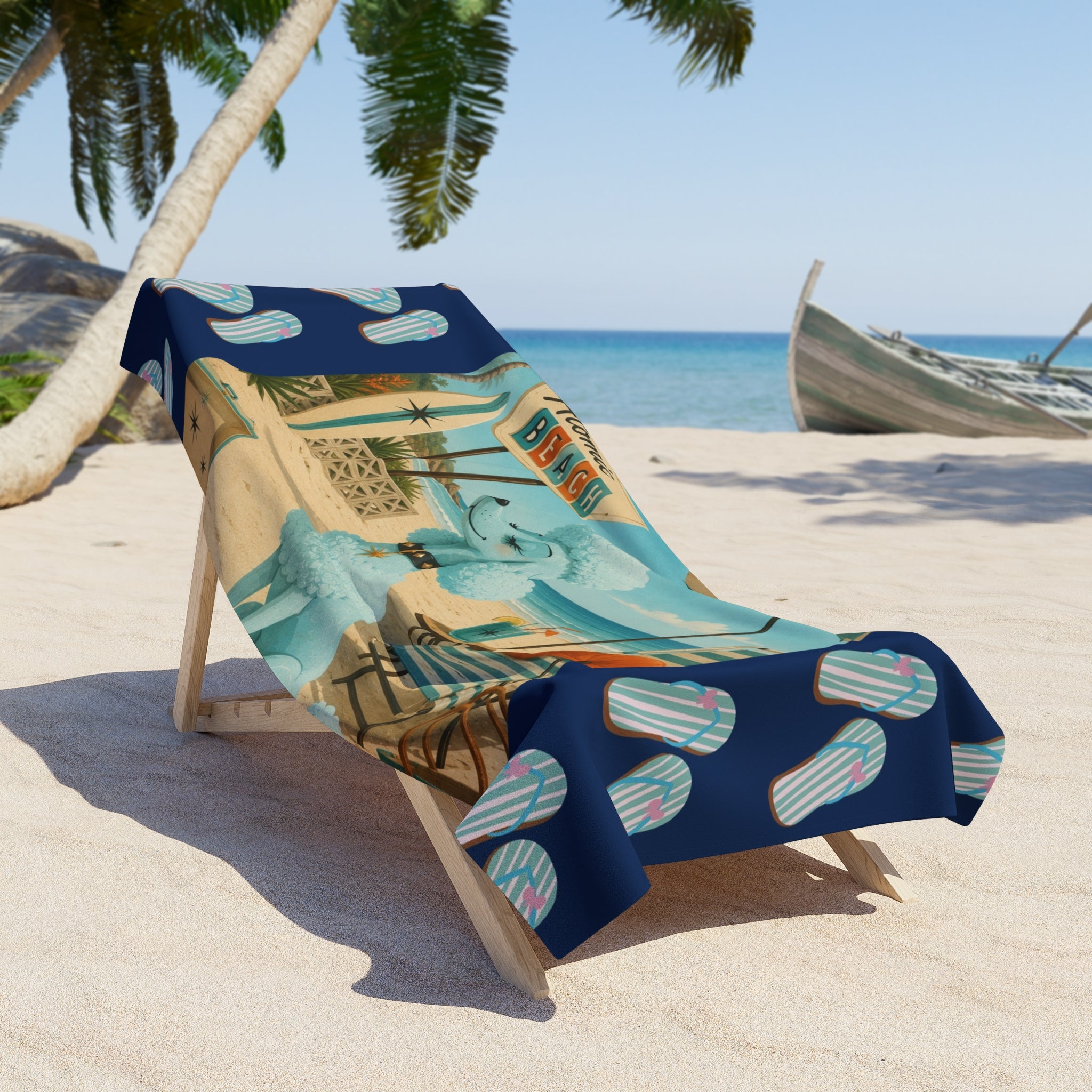 Retro Blue Poodle Beach Scene Beach Towel | Flip Flop Border, Vintage Surf, MCM