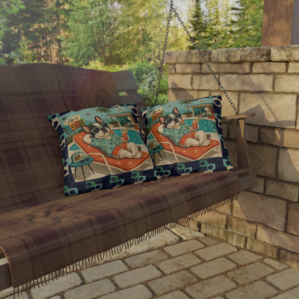 Retro French Bulldog Poolside Lounge Outdoor Pillow | Mid Century Cool