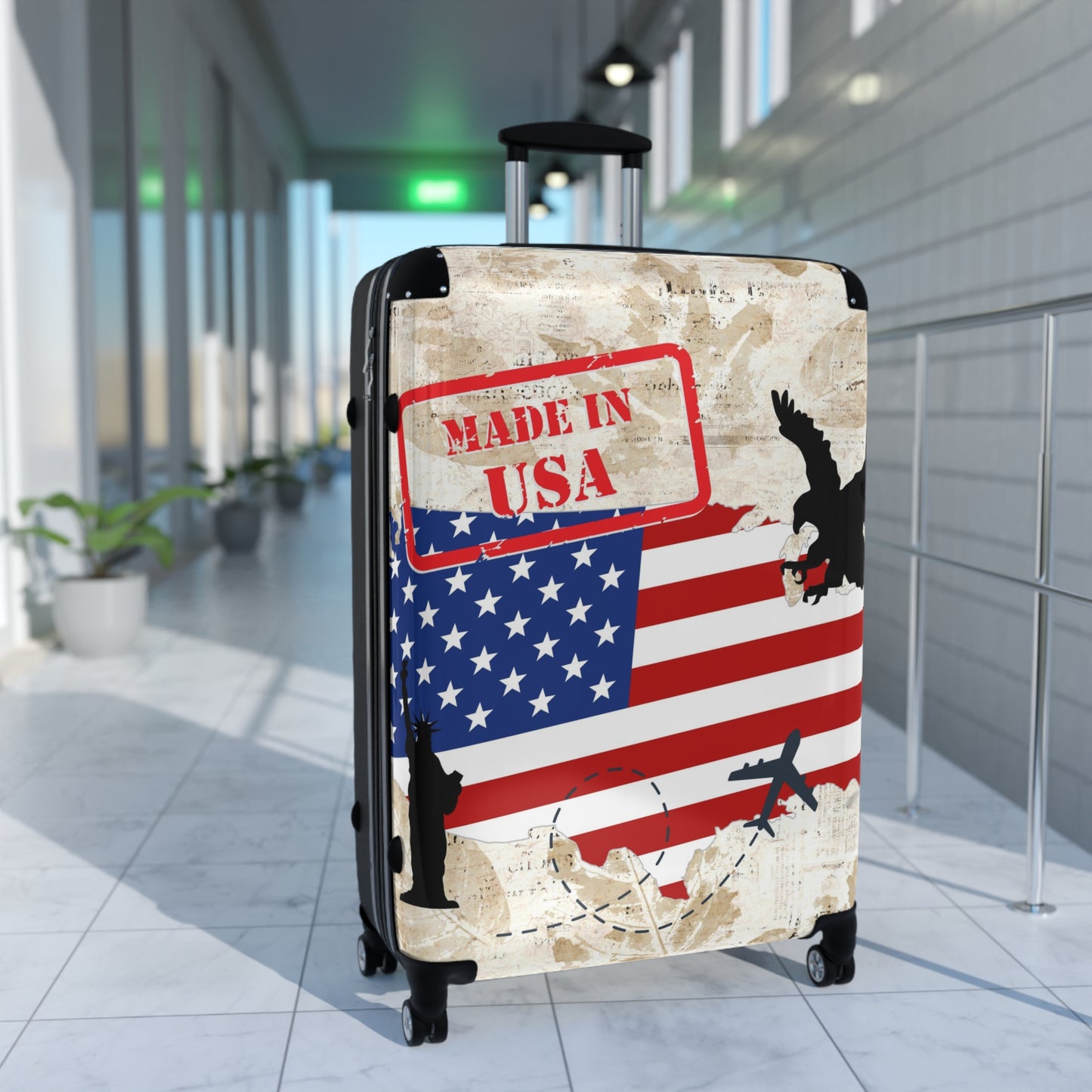 Made in the USA Suitcase on wheels, carry on luggage, travel for holidays, patriotic design, American hard shell lockable case