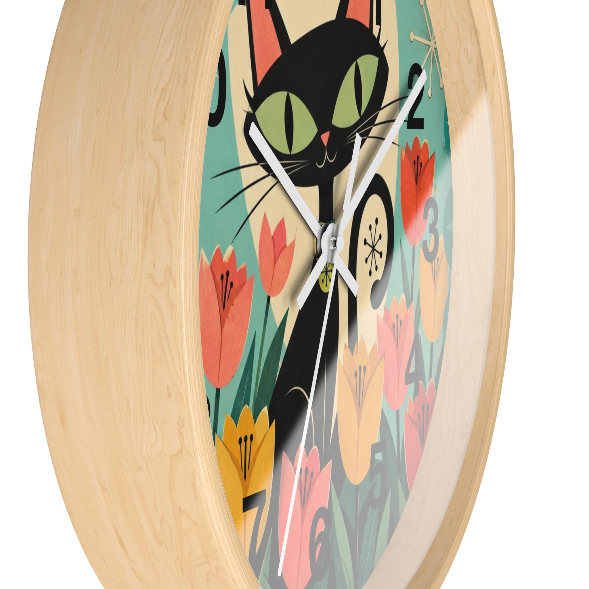 Atomic Black Cat in Tulips Wall Clock | Retro Cat Illustration, Spring Floral