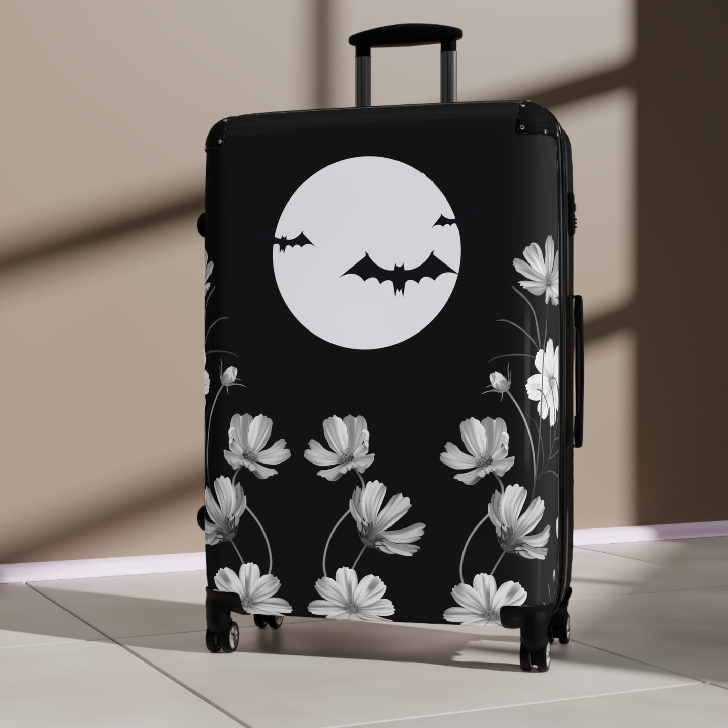 Gothic Suitcase on wheels, halloween theme, travel luggage, bats, floral carry on bag, secure lockable suitcase, holiday case