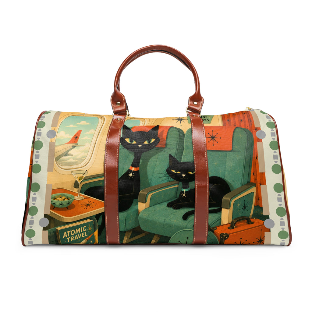 Retro Black Atomic Cats Travel Illustration Waterproof Travel Bag | Midcentury Plane Scene