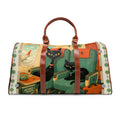 Retro Black Atomic Cats Travel Illustration Waterproof Travel Bag | Midcentury Plane Scene