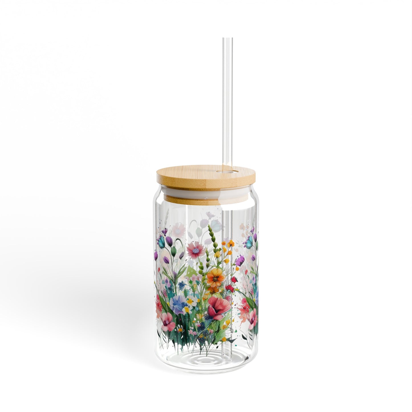 Wildflowers floral Sipper Glass, 16oz, flower glassware, cute coffee cup, iced coffee glass, drinking glass