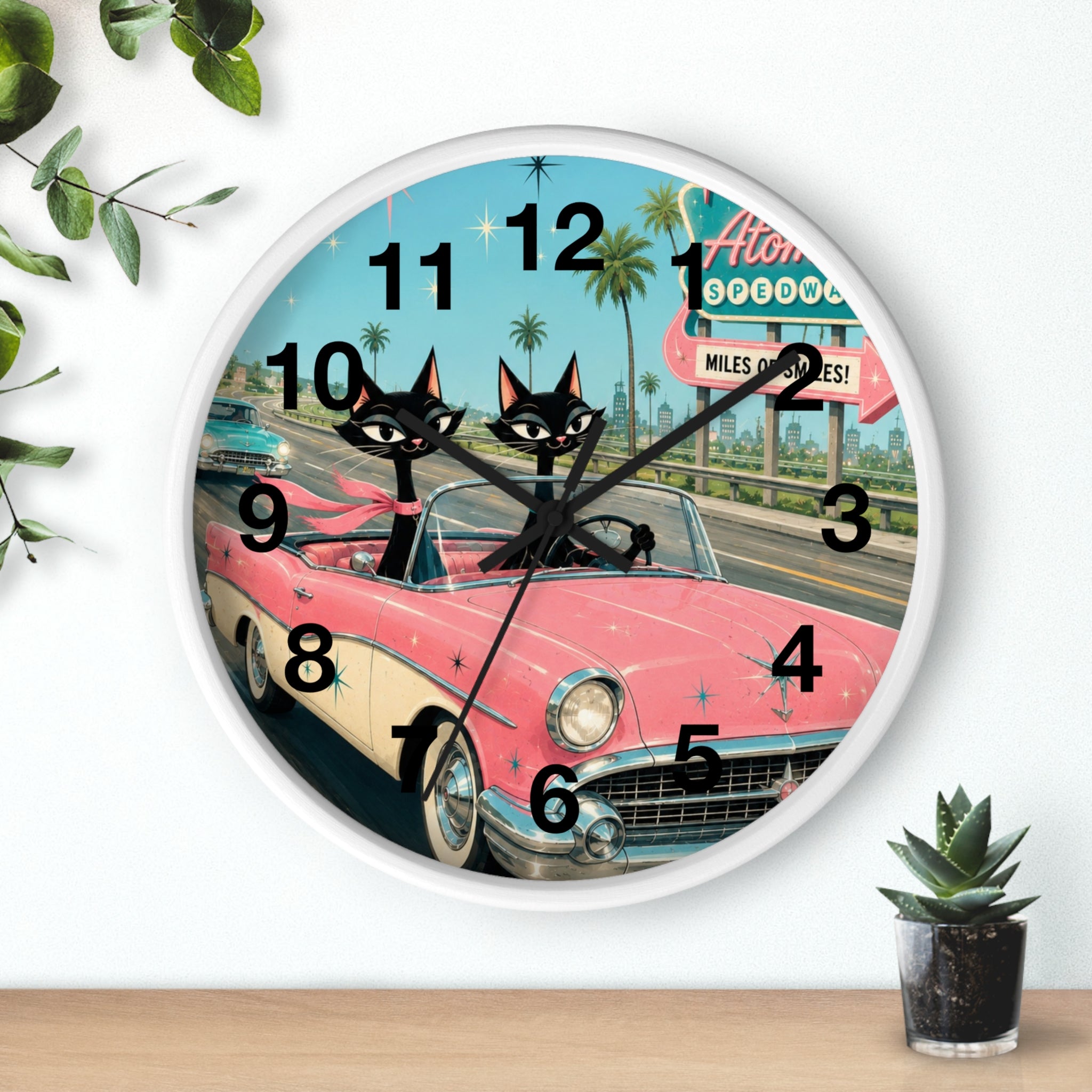 Retro Atomic Cat Roadtrip Wall Clock | Vintage Pink Convertible, Palm Trees
