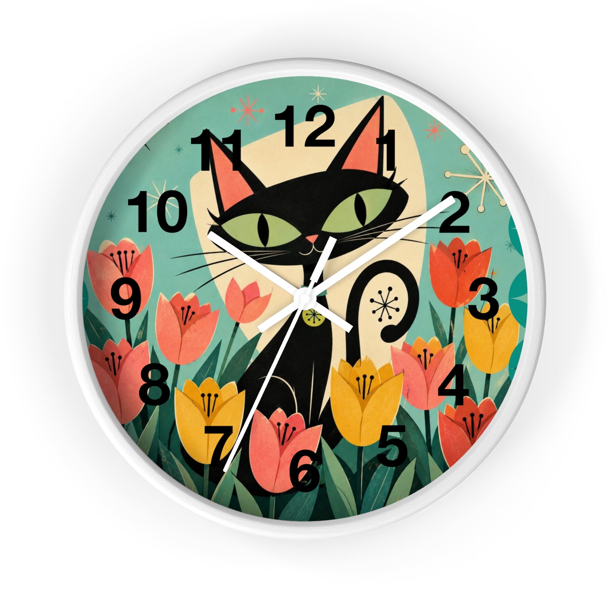 Atomic Black Cat in Tulips Wall Clock | Retro Cat Illustration, Spring Floral