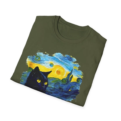 Cute black Cat with Van Gogh inspired Unisex Softstyle T-Shirt