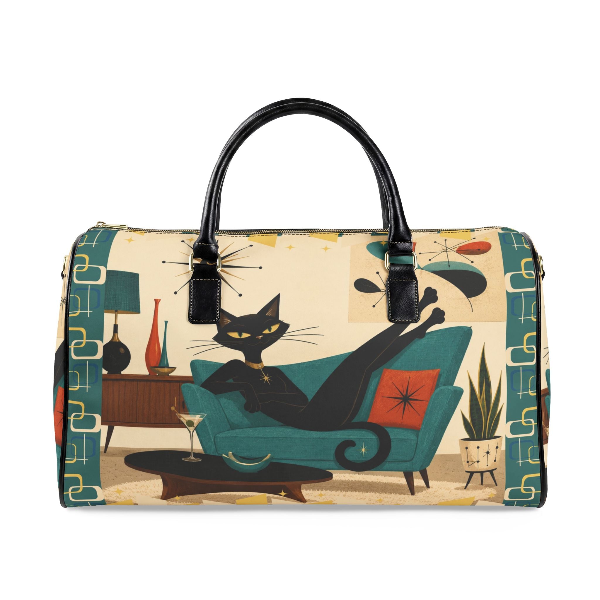 Retro Lounge Atomic Cat Faux Leather Travel Bag | Mid Century Modern Cat Design
