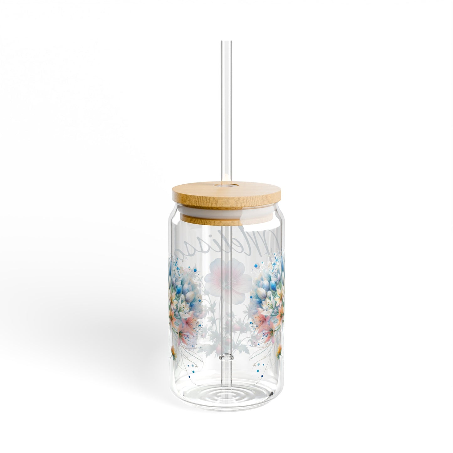 Personalized floral name Sipper Glass, 16oz, wildflowers glass, cute coffee cup, iced coffee glass with lid and straw