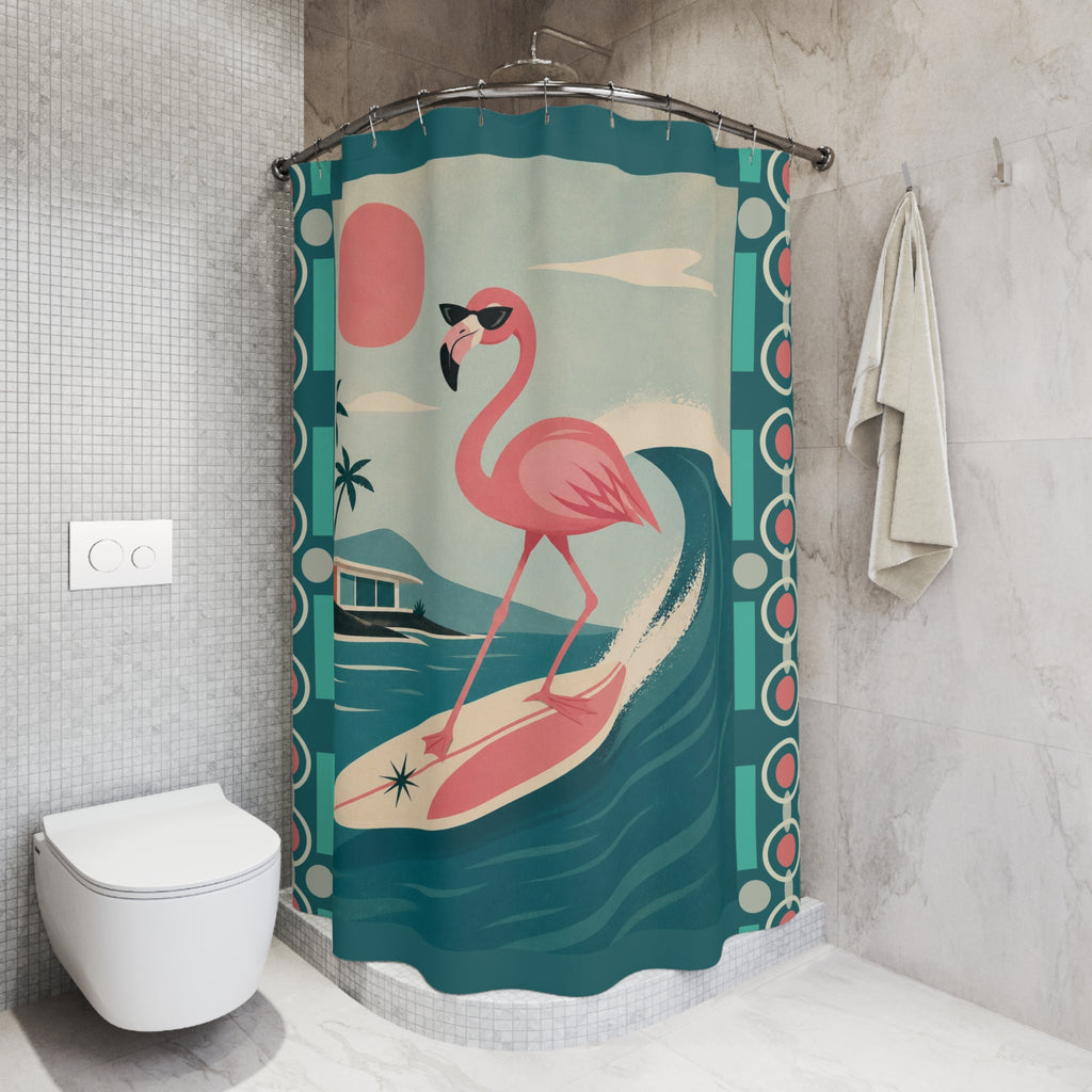 Retro Flamingo Surfing Shower Curtain | Mid Mod Tropical Beach Vibe