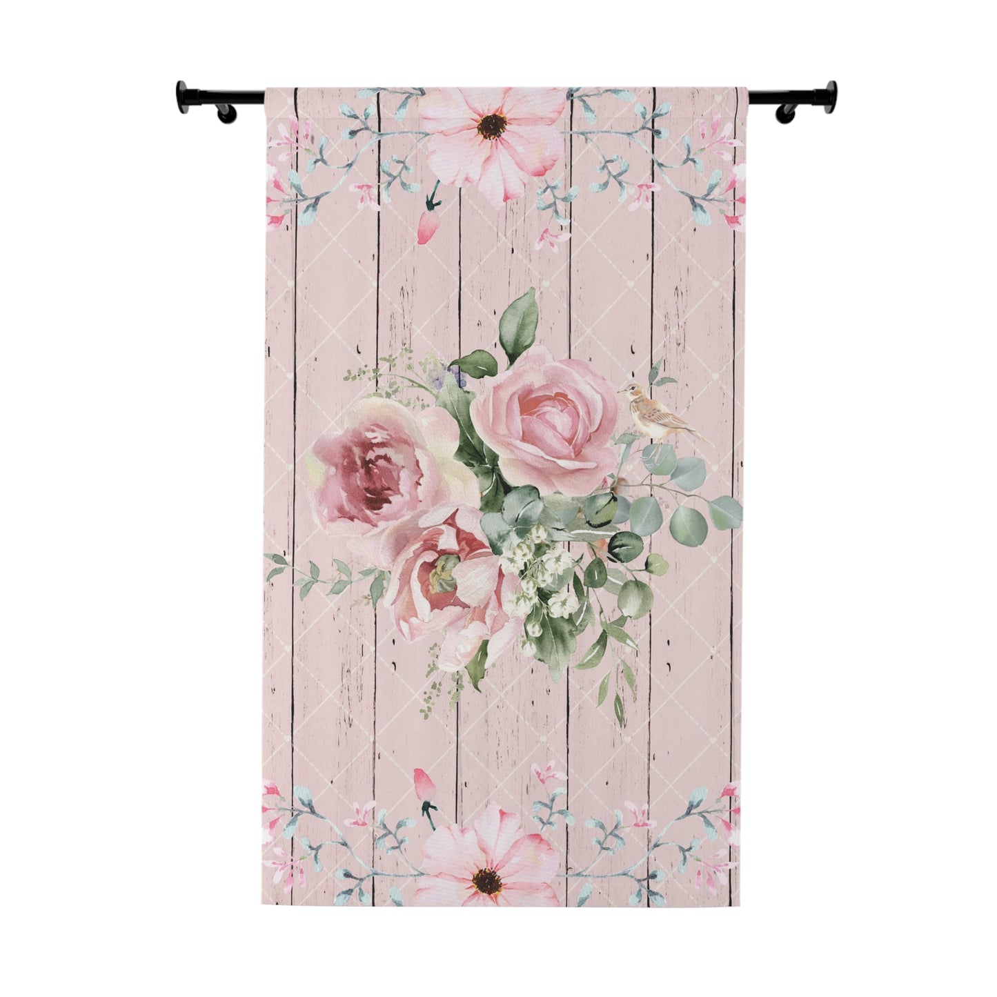 Floral blush pink with bird Window Curtains (1 Piece), living room bedroom decor, blackout curtain, "rustic woodgrain look"