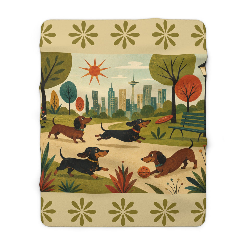 MCM Dachshund Park Scene Sherpa Blanket | Retro City Park Dogs, Cozy Fleece