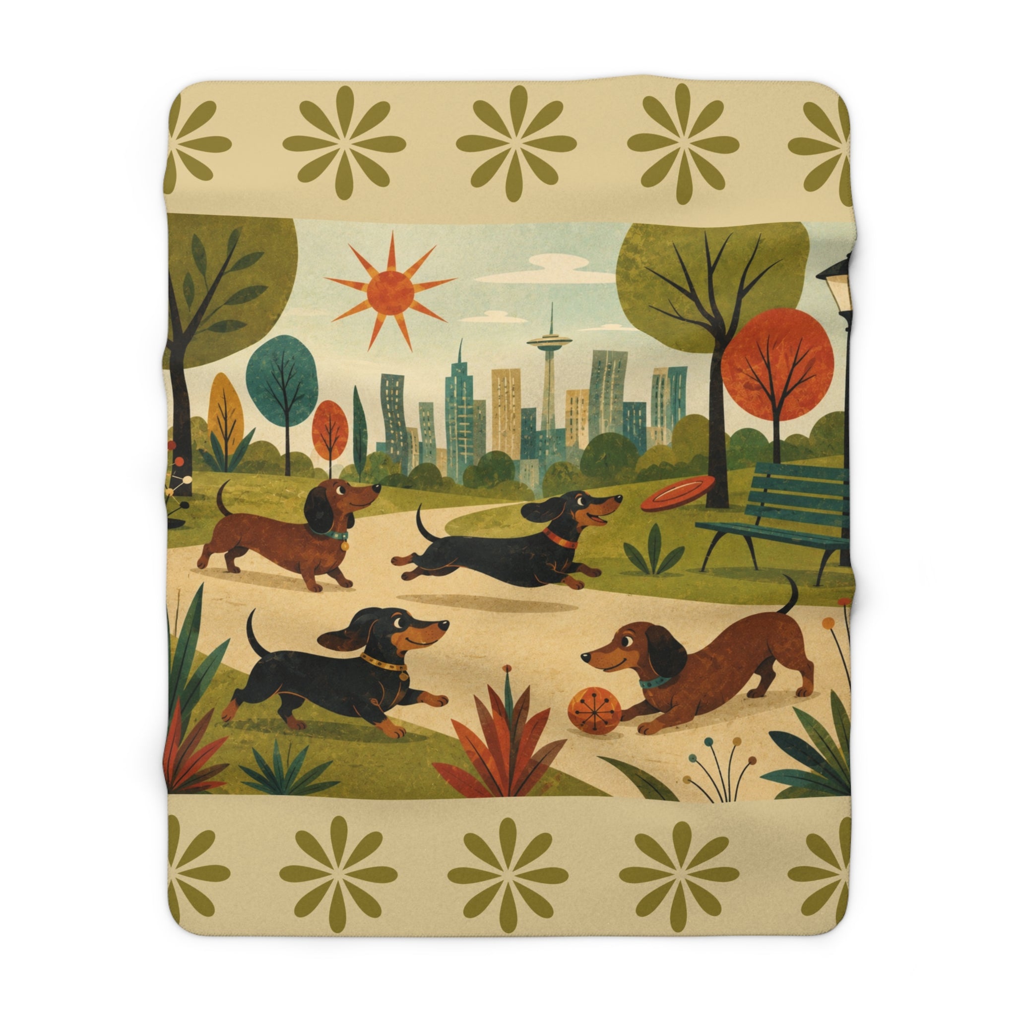 MCM Dachshund Park Scene Sherpa Blanket | Retro City Park Dogs, Cozy Fleece