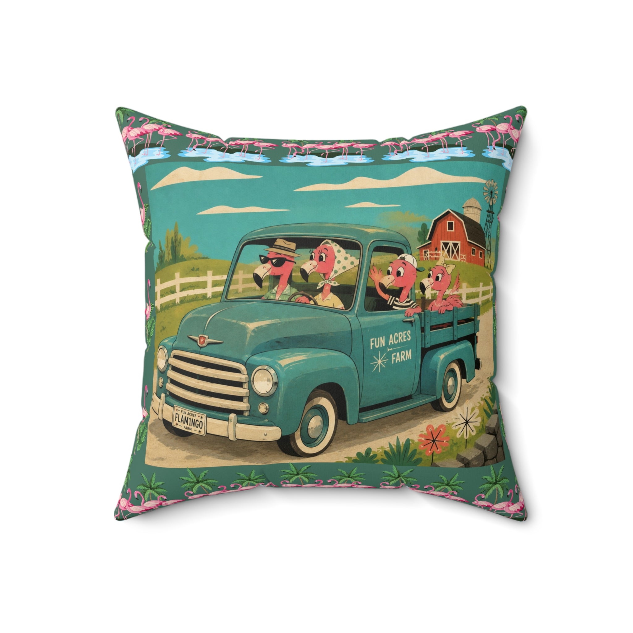 MCM Pink Flamingo Vintage Farm Truck Pillow | Retro Pickup with Farm Animals