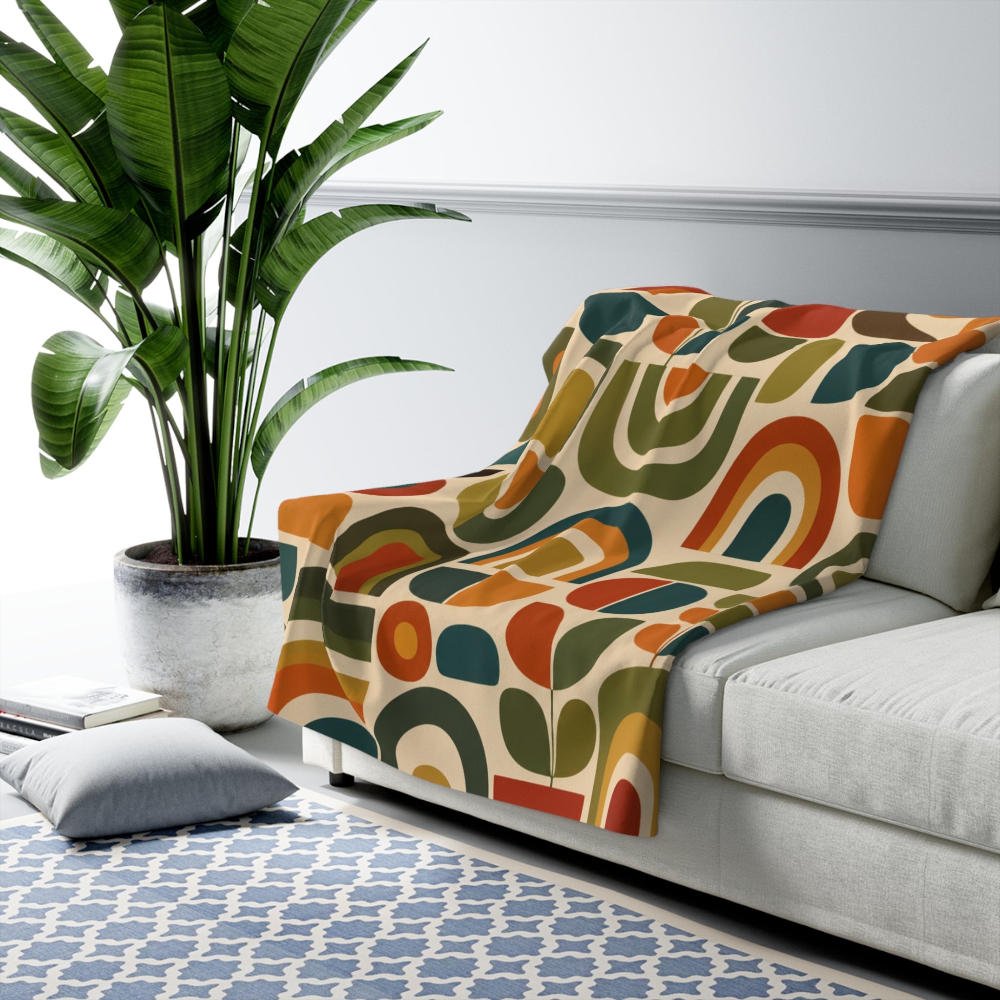 Retro Geometric Pattern Sherpa Blanket | Mid Century Rainbows