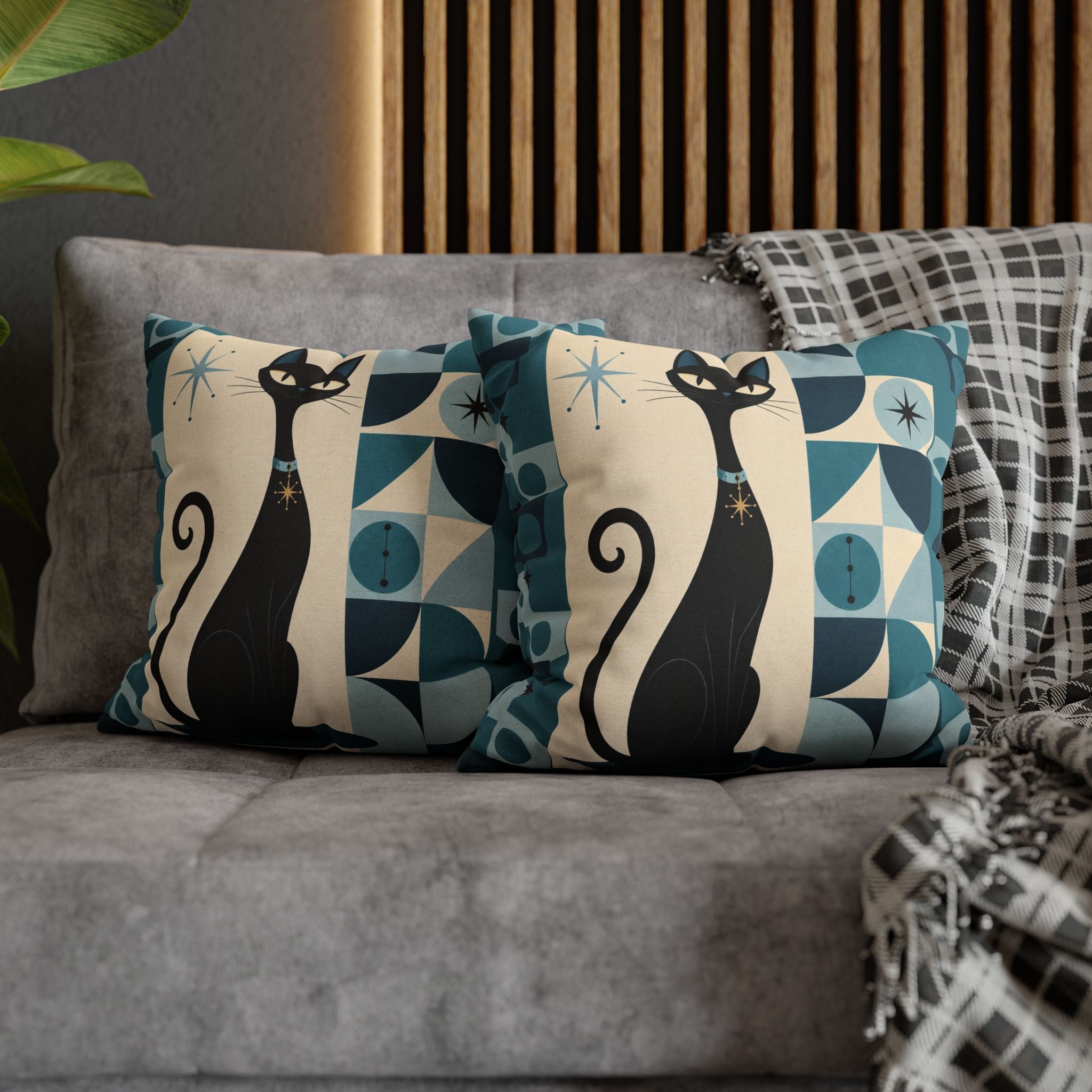Mid Century Atomic Black Cat Pillowcase | Square Pillowcase, Retro Geometric Cat - COVER ONLY