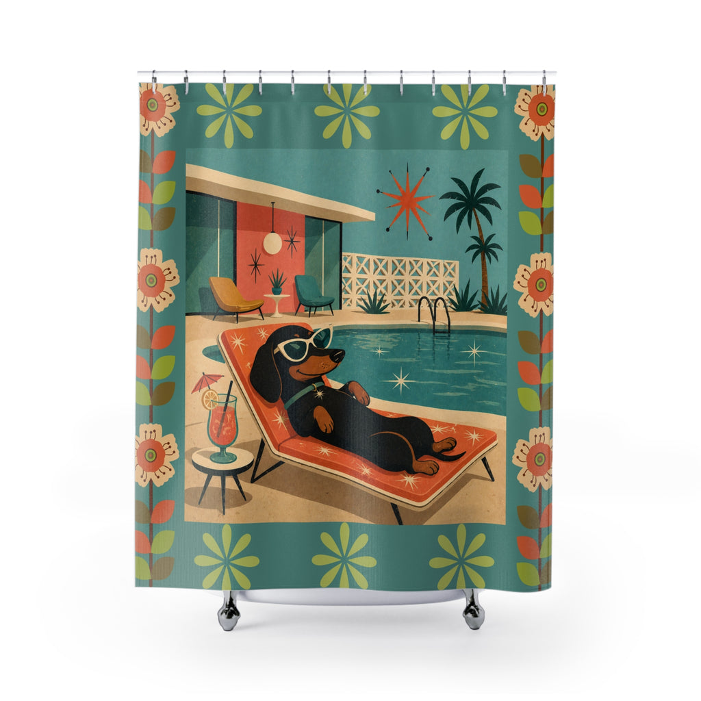 Retro Dachshund Poolside Lounge Shower Curtain | Mid Century Modern