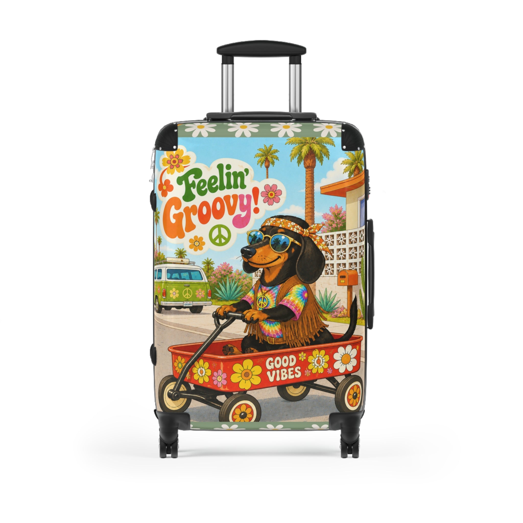 Feelin' Groovy Dachshund in Wagon Suitcase | Retro Hippie Good Vibes Travel Luggage