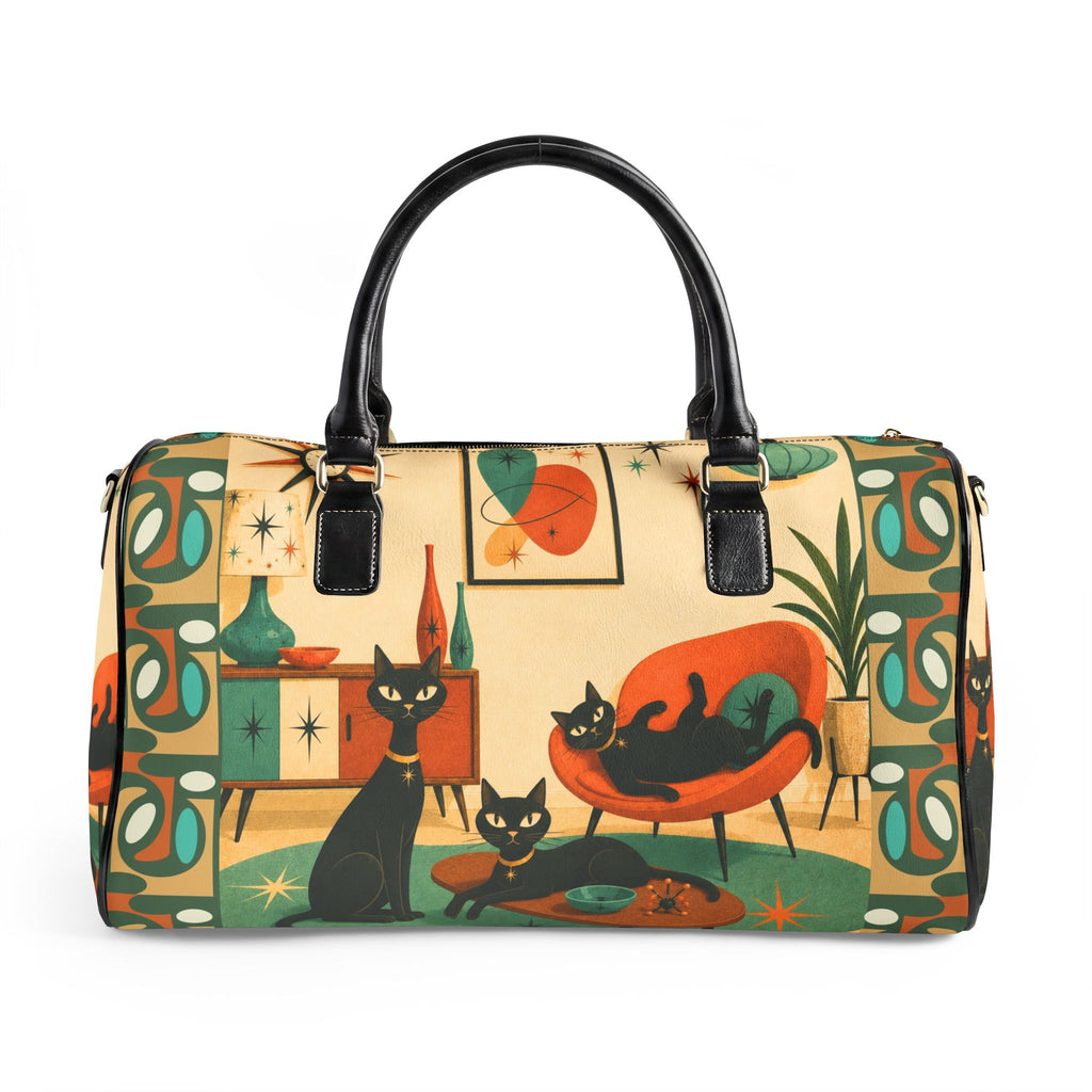 Mid Century Atomic Cat Scene Faux Leather Travel Bag | Retro Atomic Kitsch