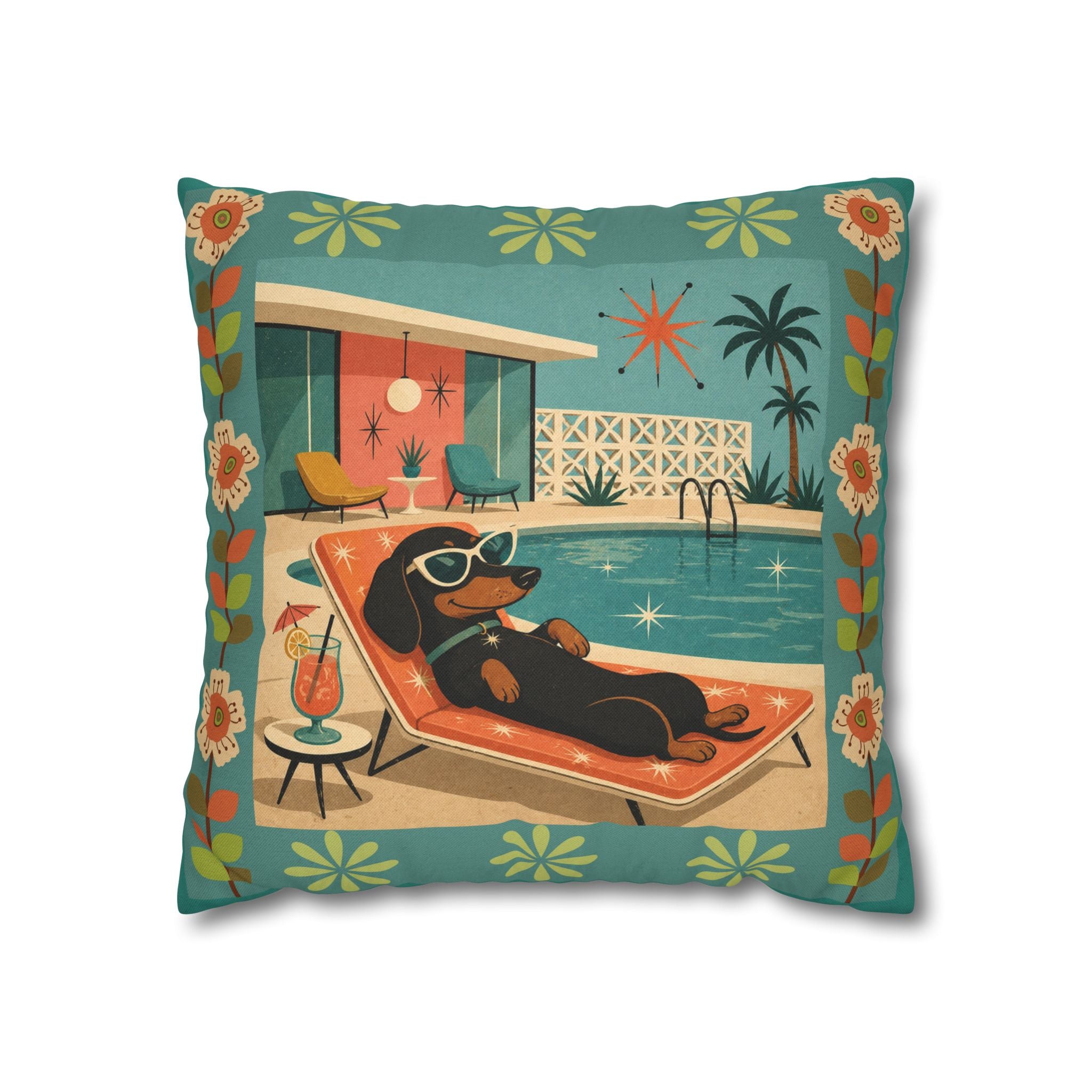 Retro Dachshund Pool Lounge Pillowcase | Square Pillowcase - COVER ONLY - Indoor Use