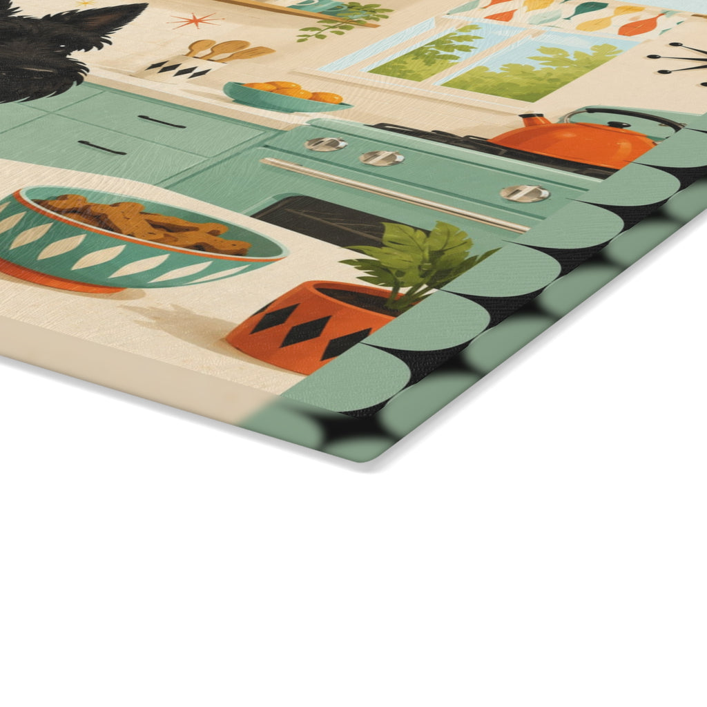 Retro Kitchen Scottish Terrier Glass Cutting Board | Mid Century Dog Art