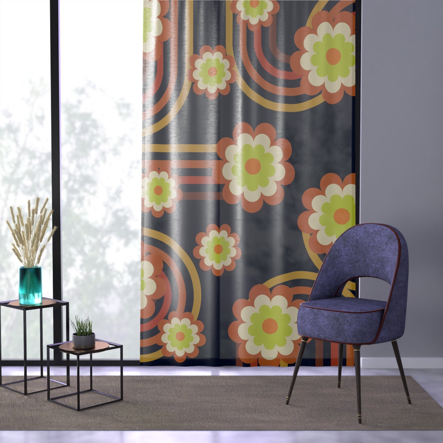 Retro design hippie flowers and rainbows sheer Window Curtain, mid century modern, MCM home decor