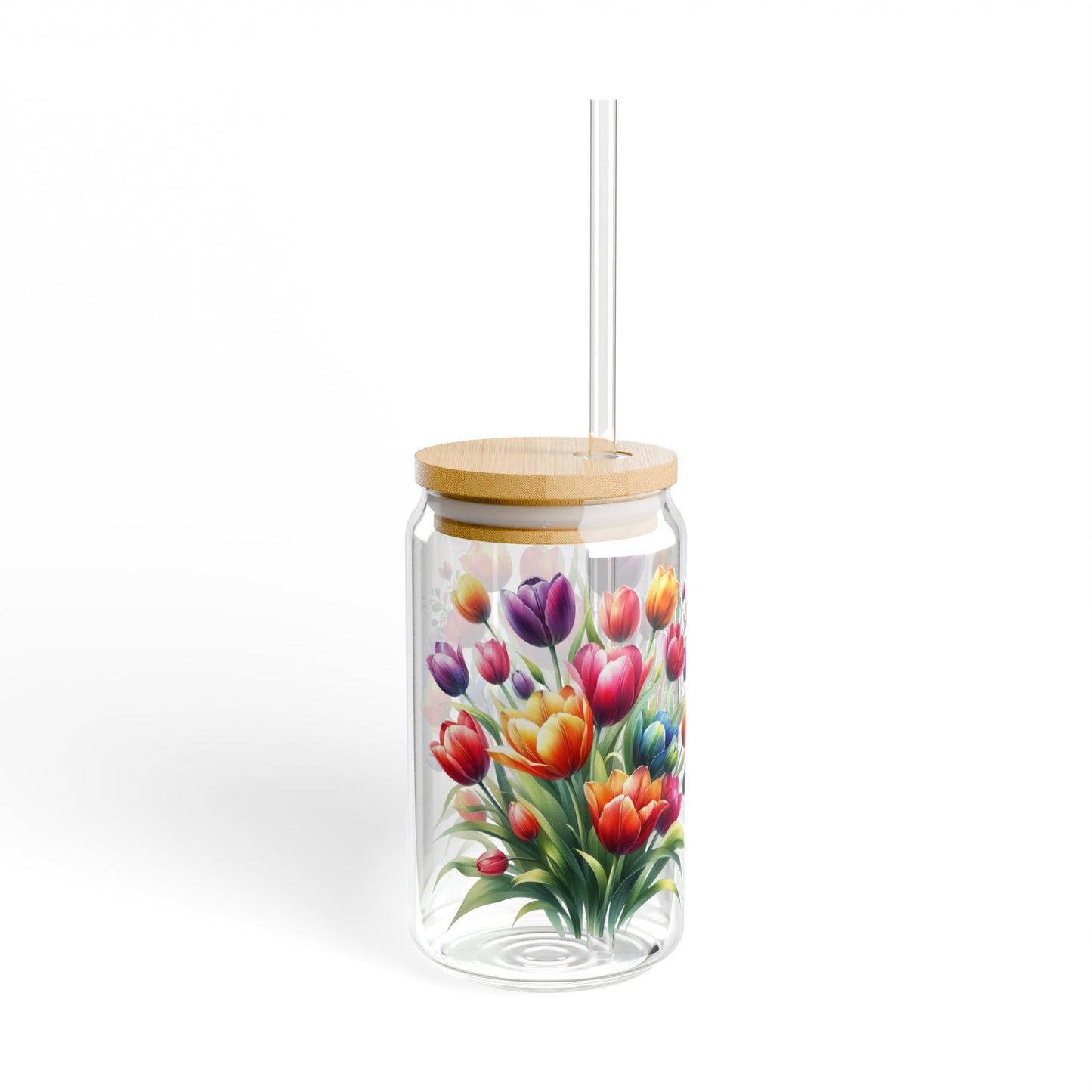 Colorful tulips floral Sipper Glass, 16oz, flower drinking glass, cocktail glass, coffee cup, iced coffee glass