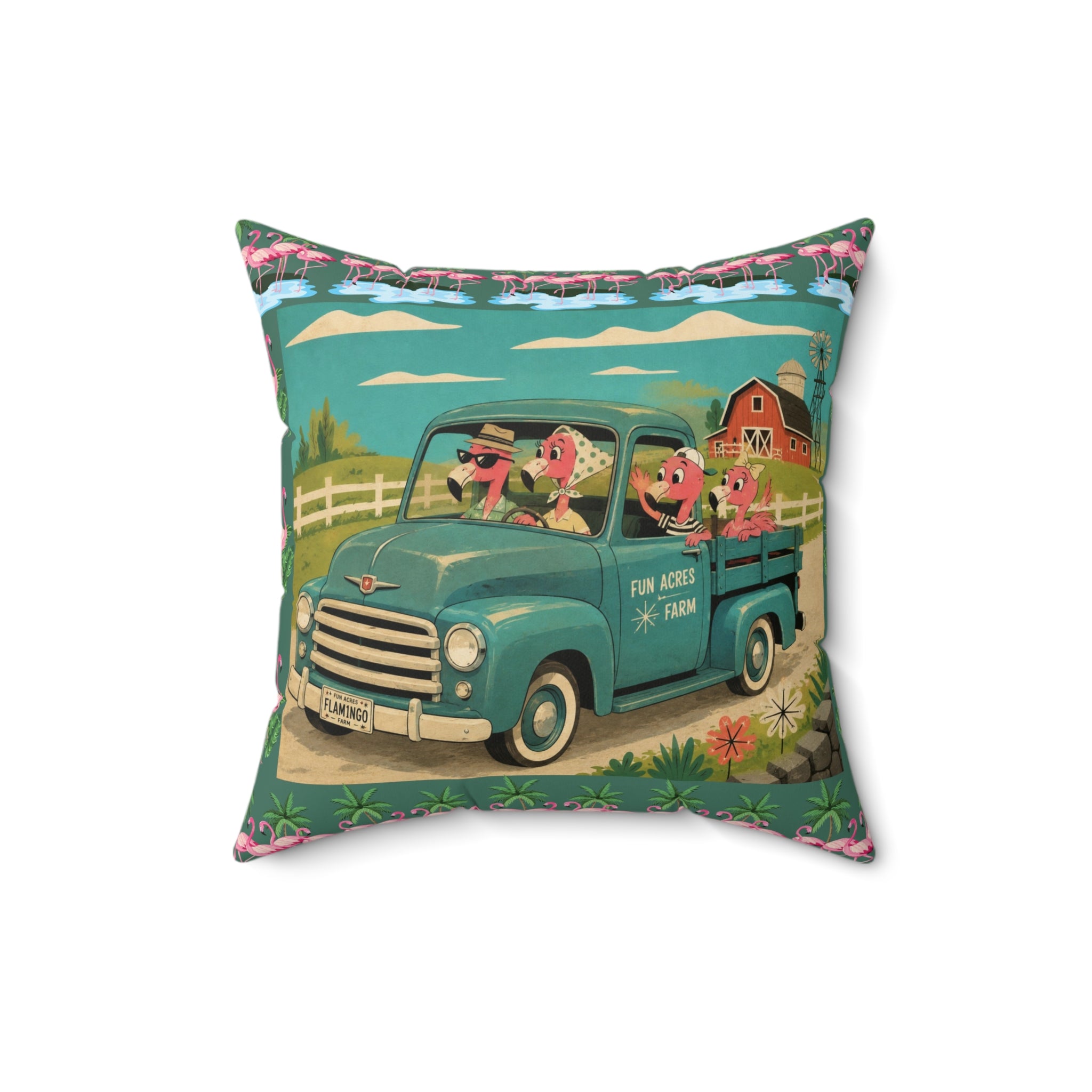 MCM Pink Flamingo Vintage Farm Truck Pillow | Retro Pickup with Farm Animals