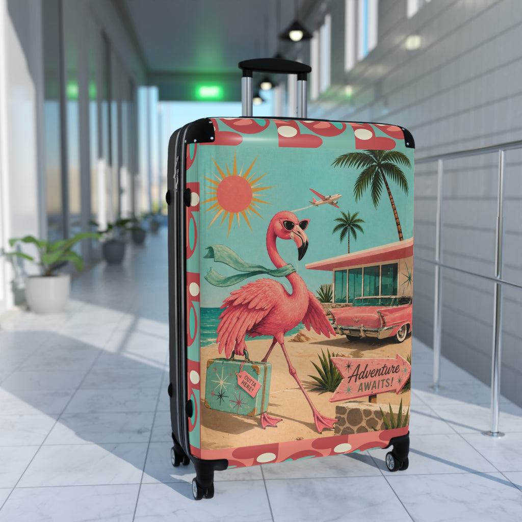 Retro MCM Flamingo fly away holiday Beach Scene Suitcase | Vintage Travel Print
