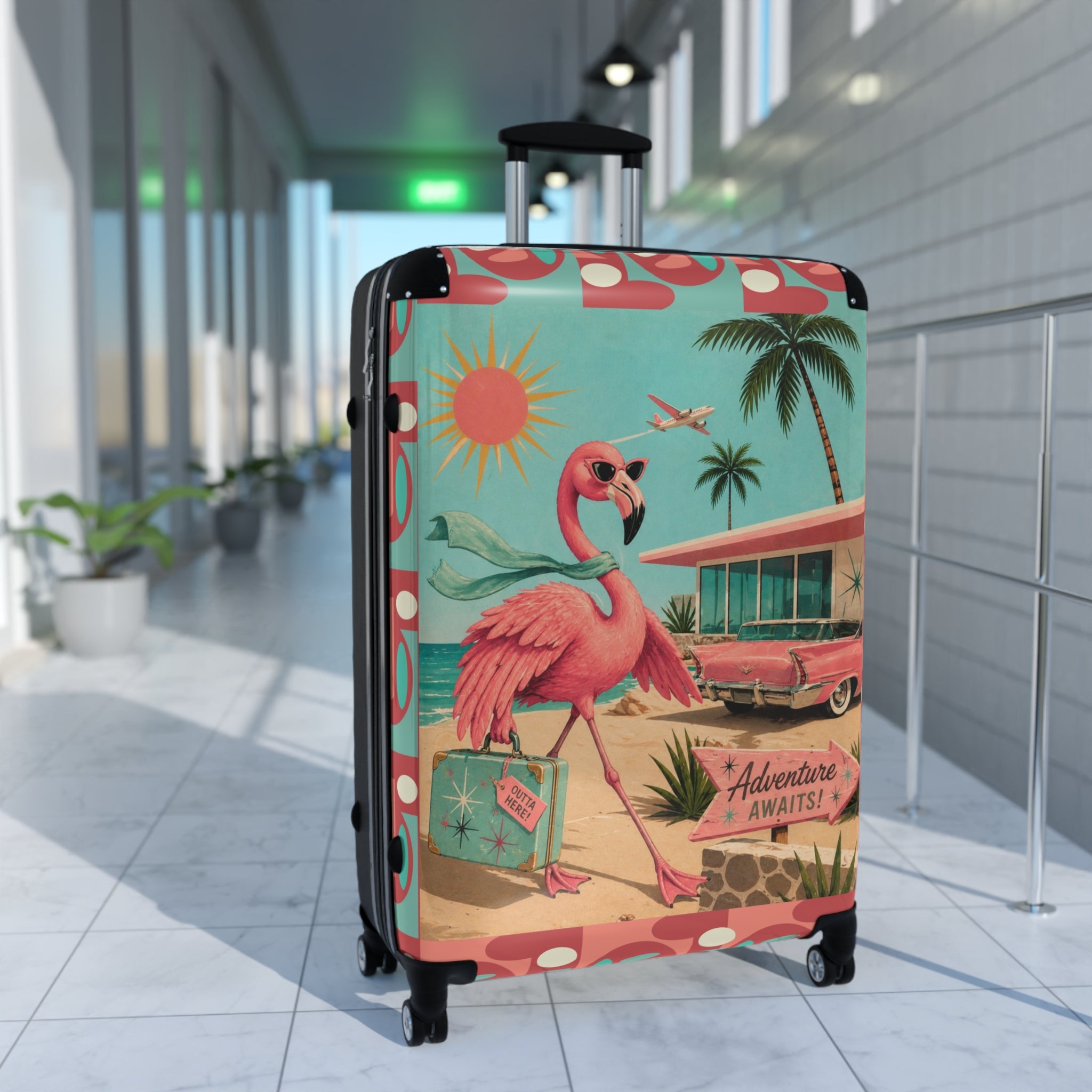 Retro MCM Flamingo fly away holiday Beach Scene Suitcase | Vintage Travel Print