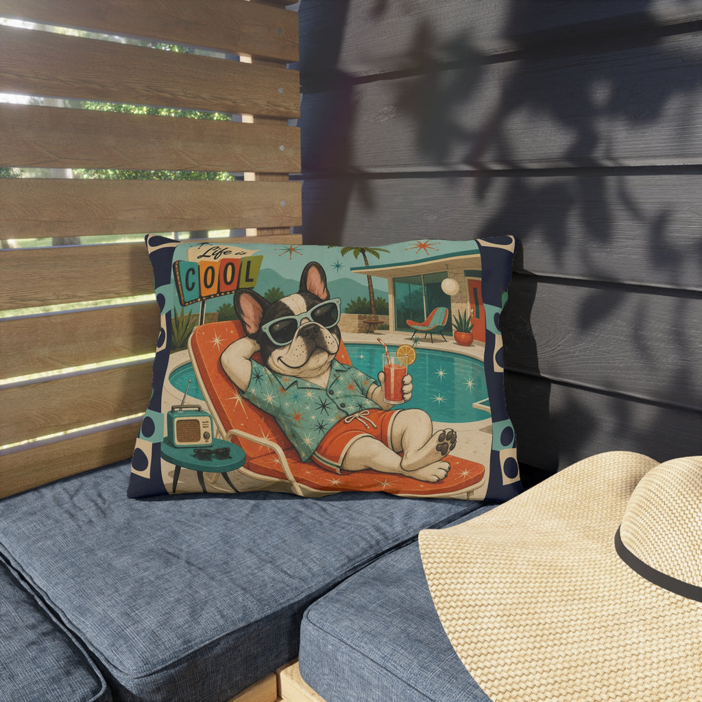 Retro French Bulldog Poolside Lounge Outdoor Pillow | Mid Century Cool