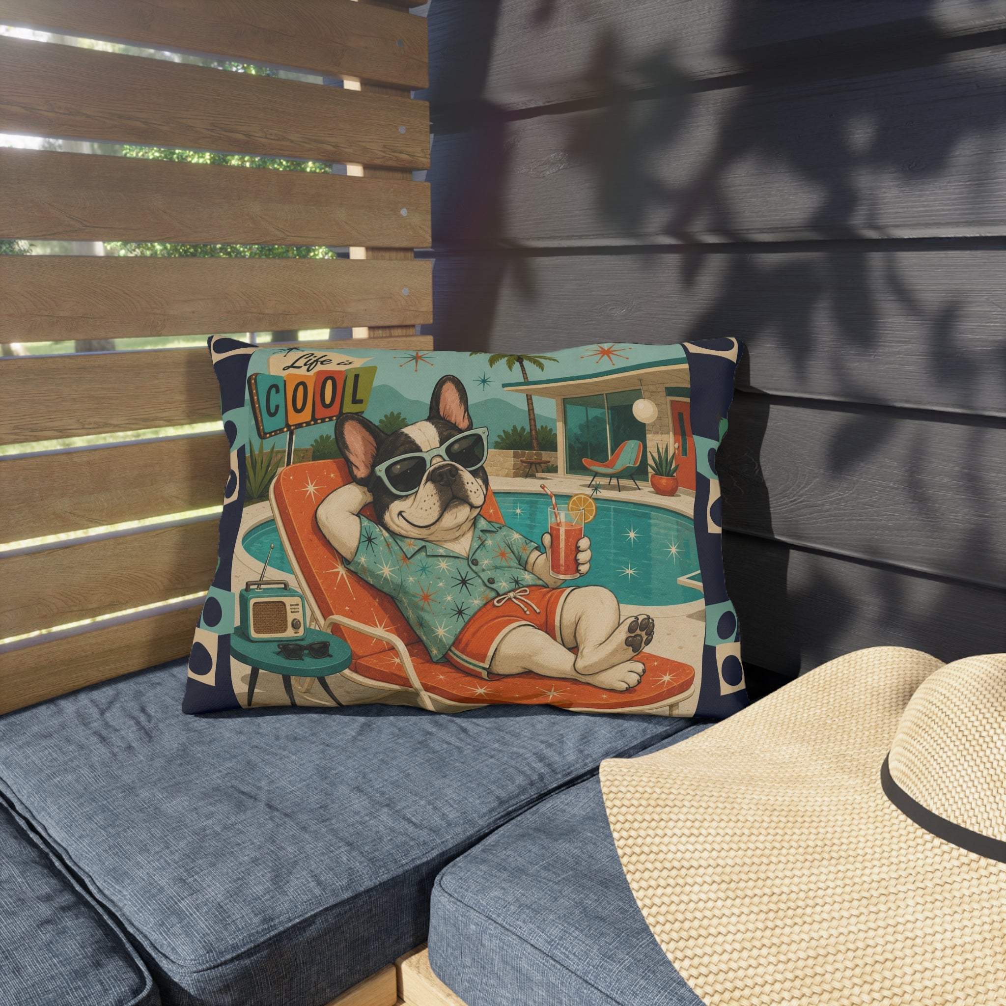 Retro French Bulldog Poolside Lounge Outdoor Pillow | Mid Century Cool