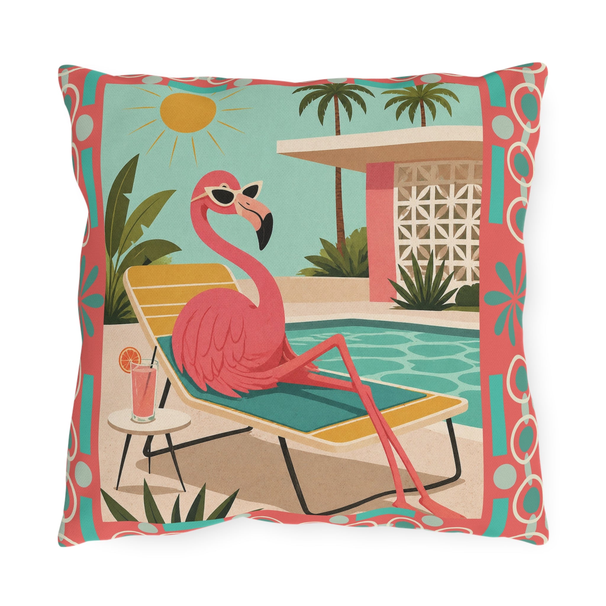MCM Pink Flamingo Poolside Outdoor Pillow | Retro Mid Century Tropical