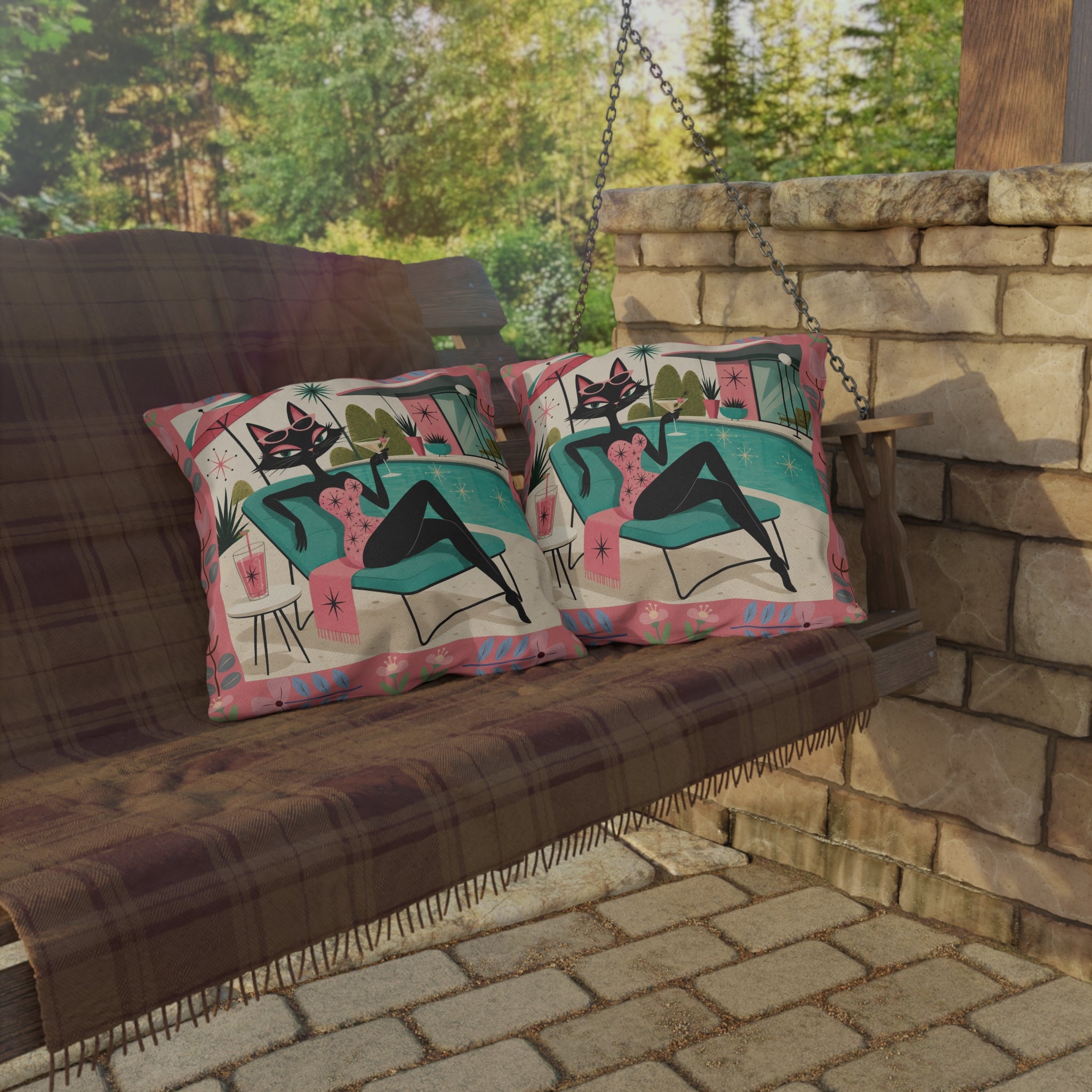 Retro Poolside Cat Outdoor Pillow | Mid Century Modern Cocktail