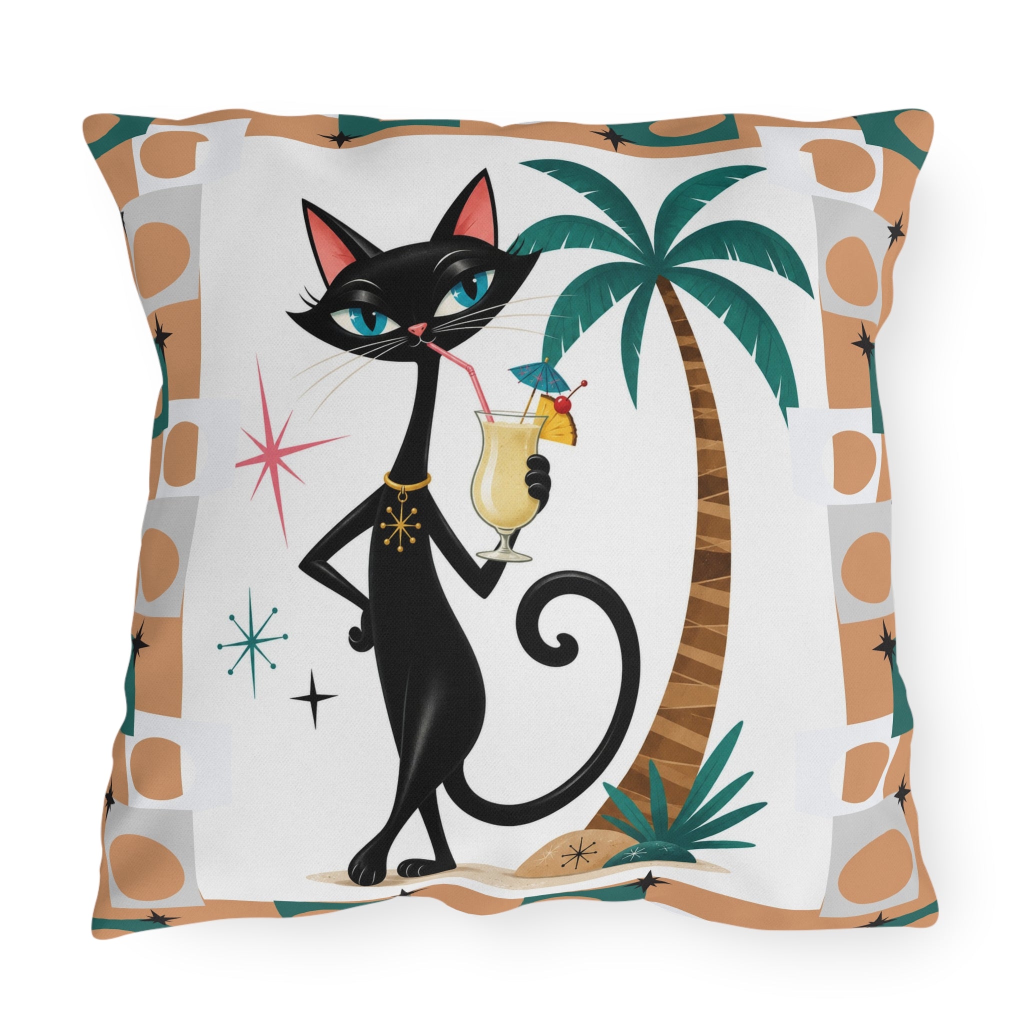 Retro Atomic Black Cat Tiki Outdoor Pillow | Palm Tree Cocktail Cushion