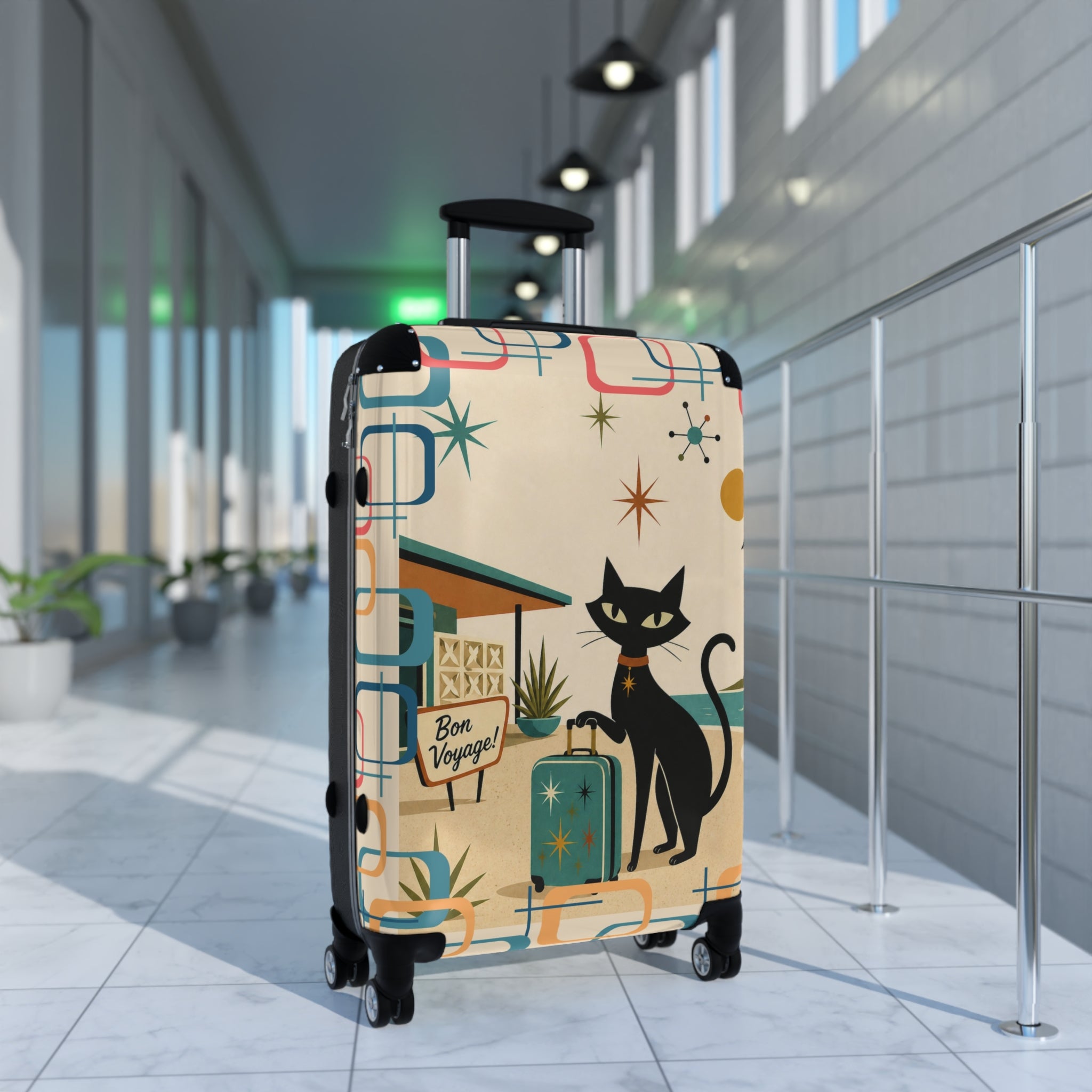 Retro Black Atomic Cat Beach Suitcase | Mid Century Travel Luggage