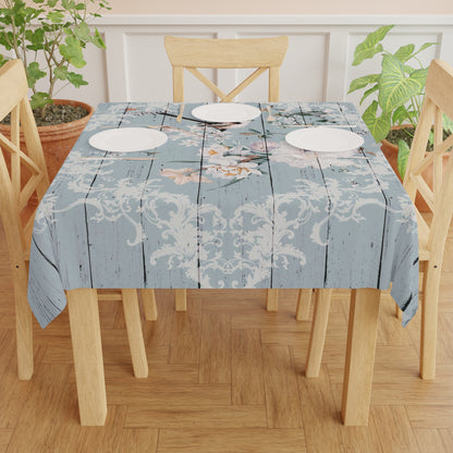 Blooms and Feathered Friends: Shabby Chic Pale Blue wood look Tablecloth with Floral Delights