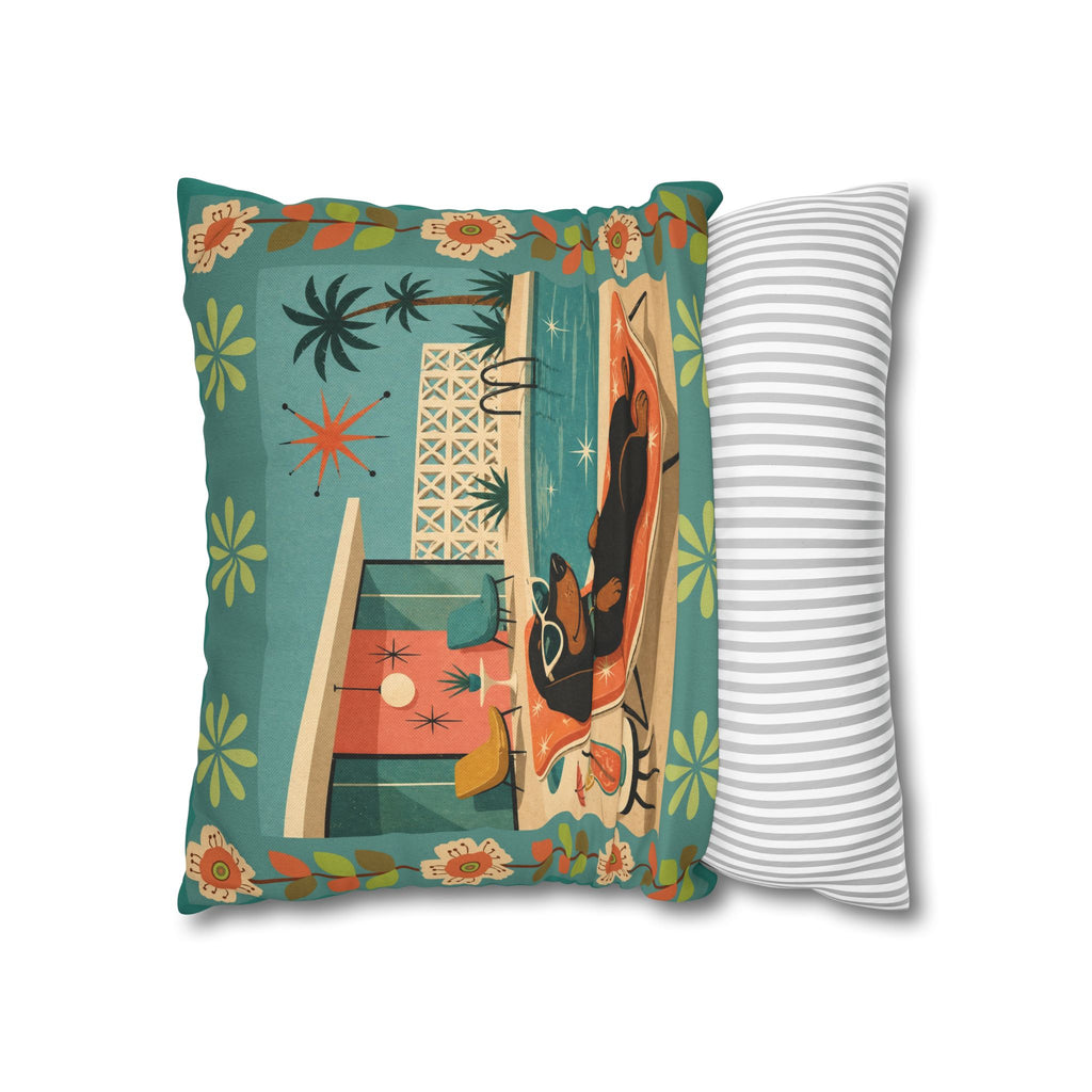 Retro Dachshund Pool Lounge Pillowcase | Square Pillowcase - COVER ONLY - Indoor Use