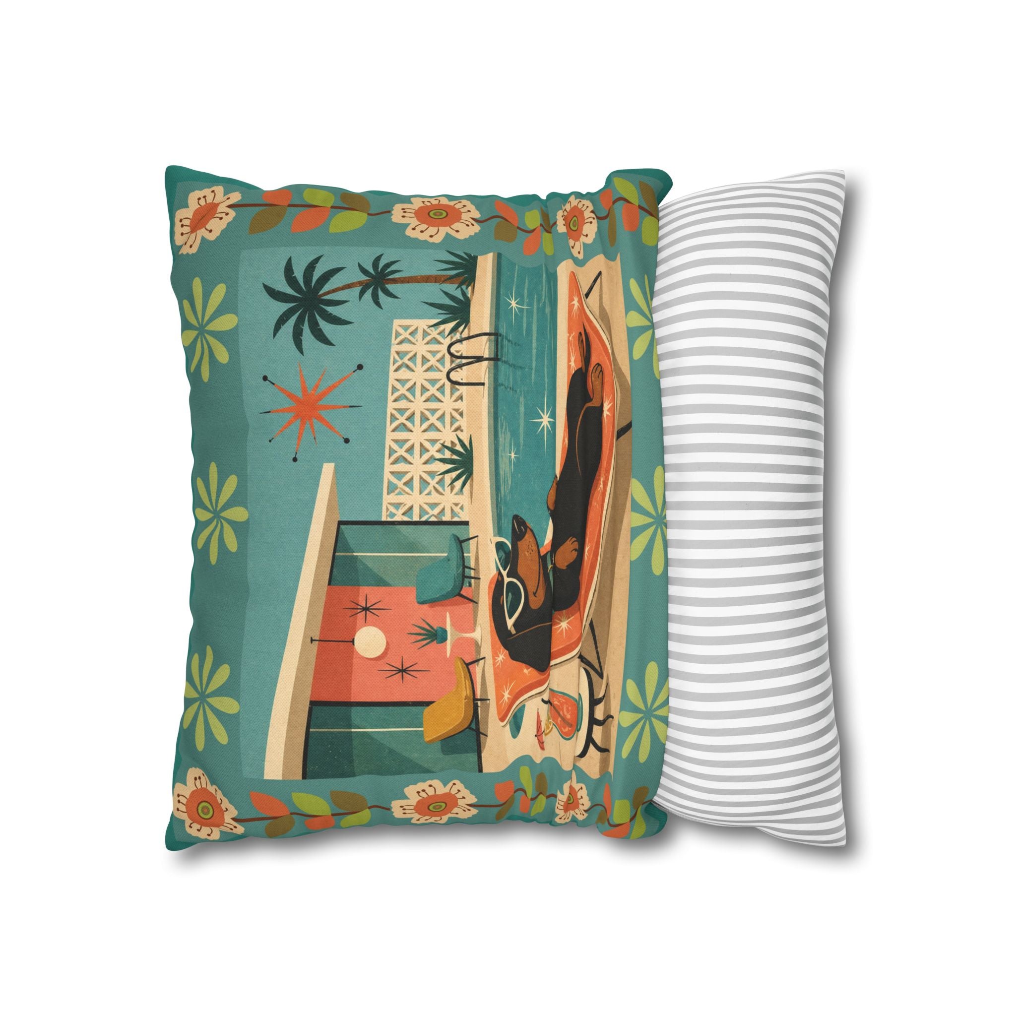 Retro Dachshund Pool Lounge Pillowcase | Square Pillowcase - COVER ONLY - Indoor Use