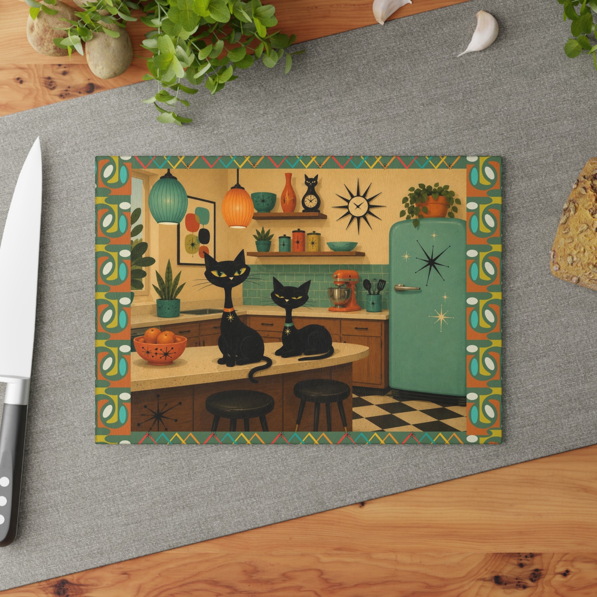 Retro Atomic Black Cats Kitchen Glass Cutting Board | Mid Century Cat Artwork
