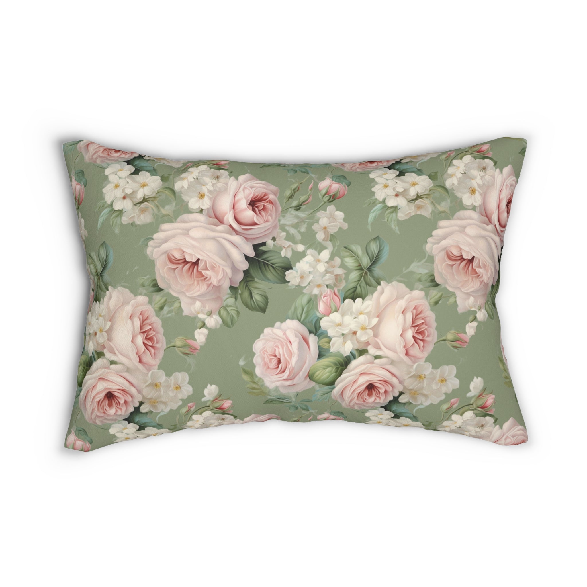 Pink vintage rose with green background Spun Polyester Lumbar Pillow, Farmhouse decor, Shabby chic, chic throw pillow, scatter cushion