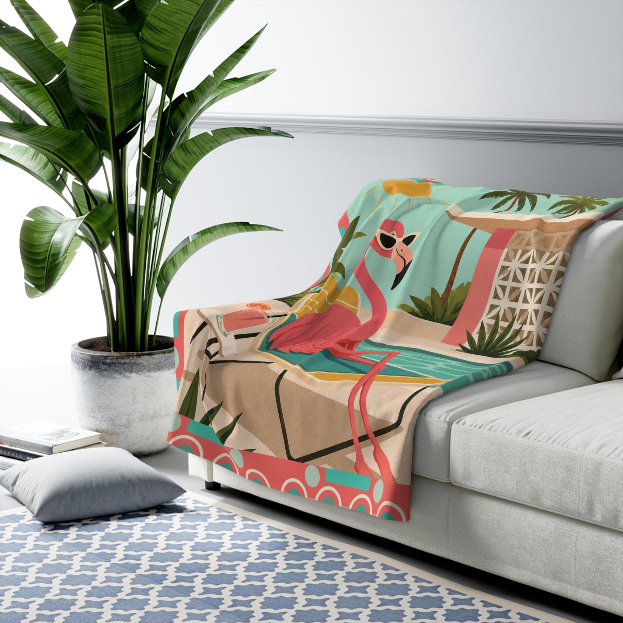 Retro Flamingo sun bathing Sherpa Blanket | Mid Century Tropical Throw