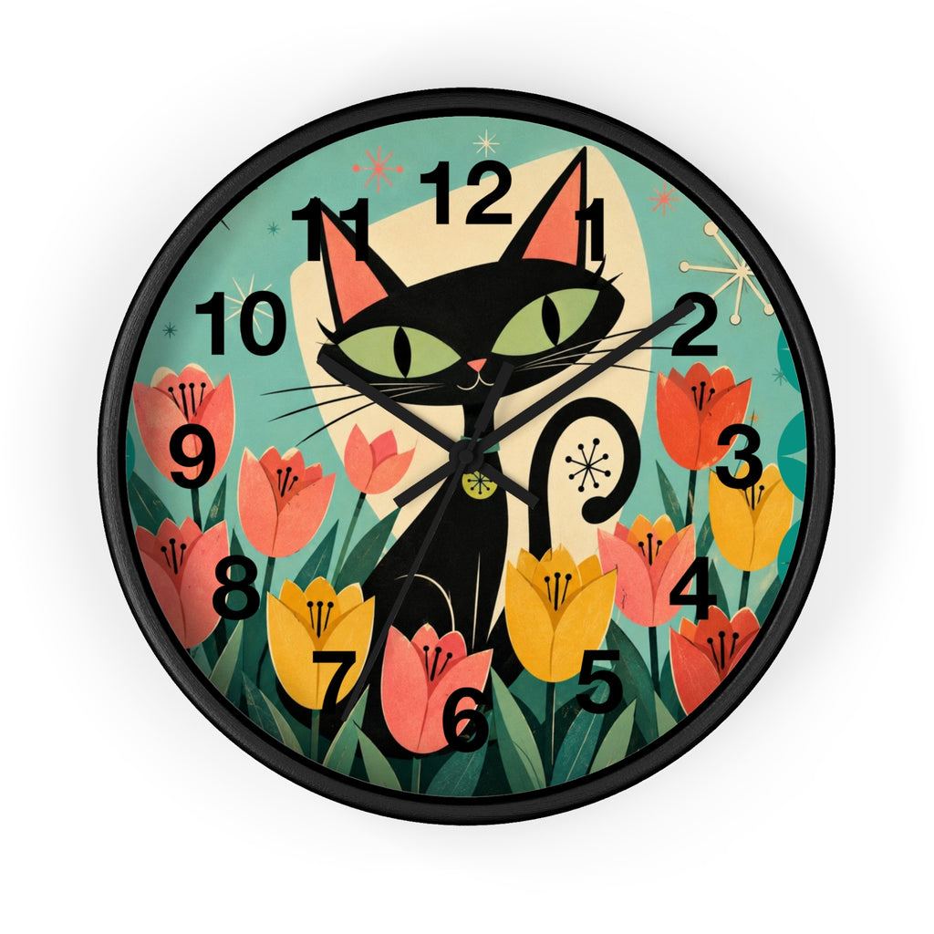 Atomic Black Cat in Tulips Wall Clock | Retro Cat Illustration, Spring Floral