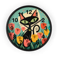 Atomic Black Cat in Tulips Wall Clock | Retro Cat Illustration, Spring Floral