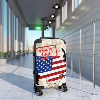 Made in the USA Suitcase on wheels, carry on luggage, travel for holidays, patriotic design, American hard shell lockable case