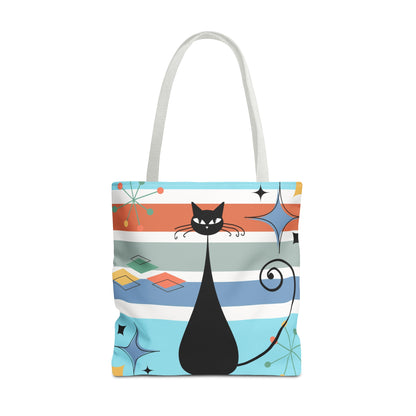 Atomic cat retro tote bag, black cat lover, mid century modern tote carry bag