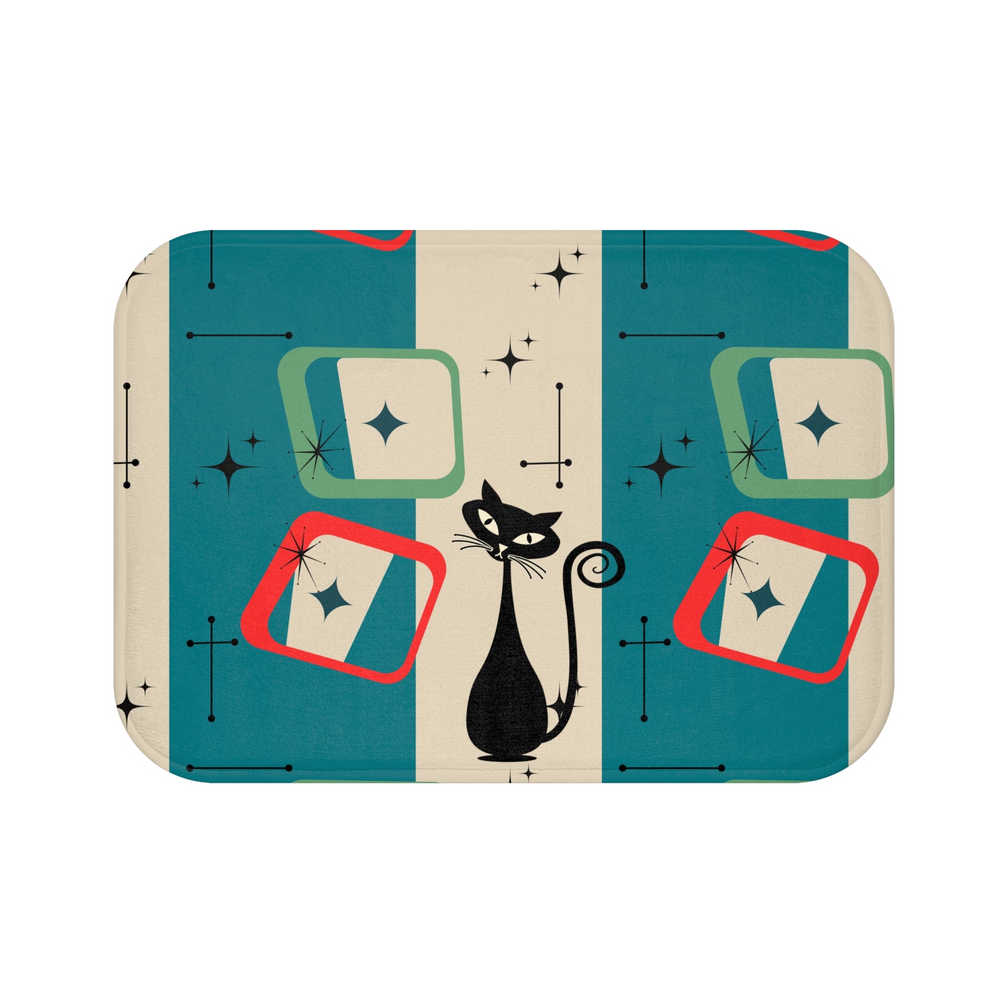 Atomic cat teal and shapes Bath Mat, retro bathroom, MCM bath mat, non slip, 50s 60s kitschy inspired, black cat lover gift