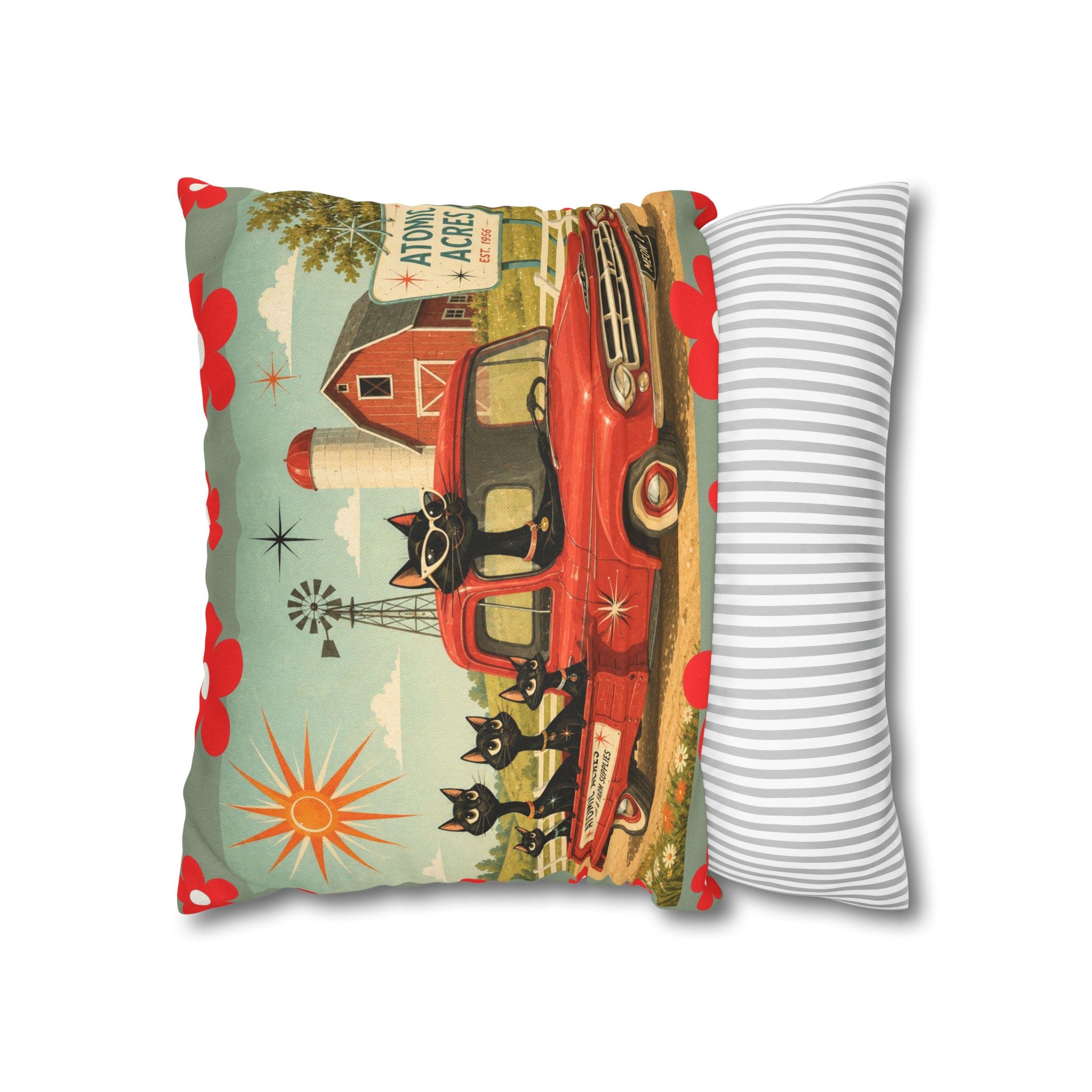 Retro Red Truck with Atomic Black Cats and kittens Pillowcase | MCM Square Pillowcase - COVER ONLY